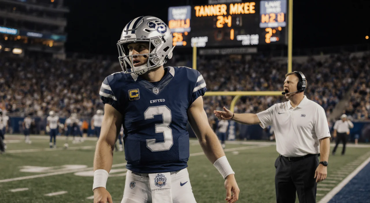 Tanner McKee throwing a pass with a coach yelling instructions and a scoreboard clock showing 11:22 in the background