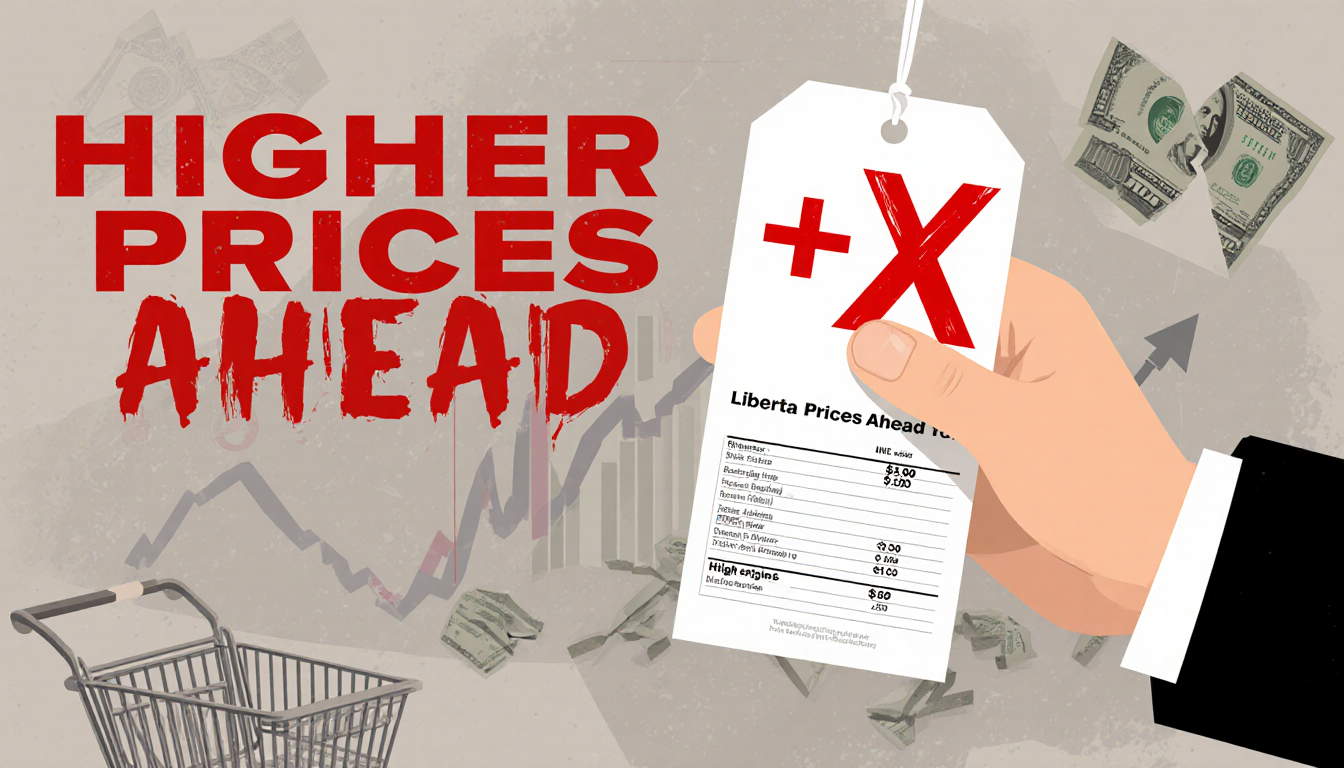 Consumer holding price tag with red '+X' and higher prices ahead due to tariffs showing subtle inflation cues in background.