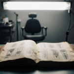 Leather-bound book lying open on a sterile table with faded tattoo outlines and flickering fluorescent light