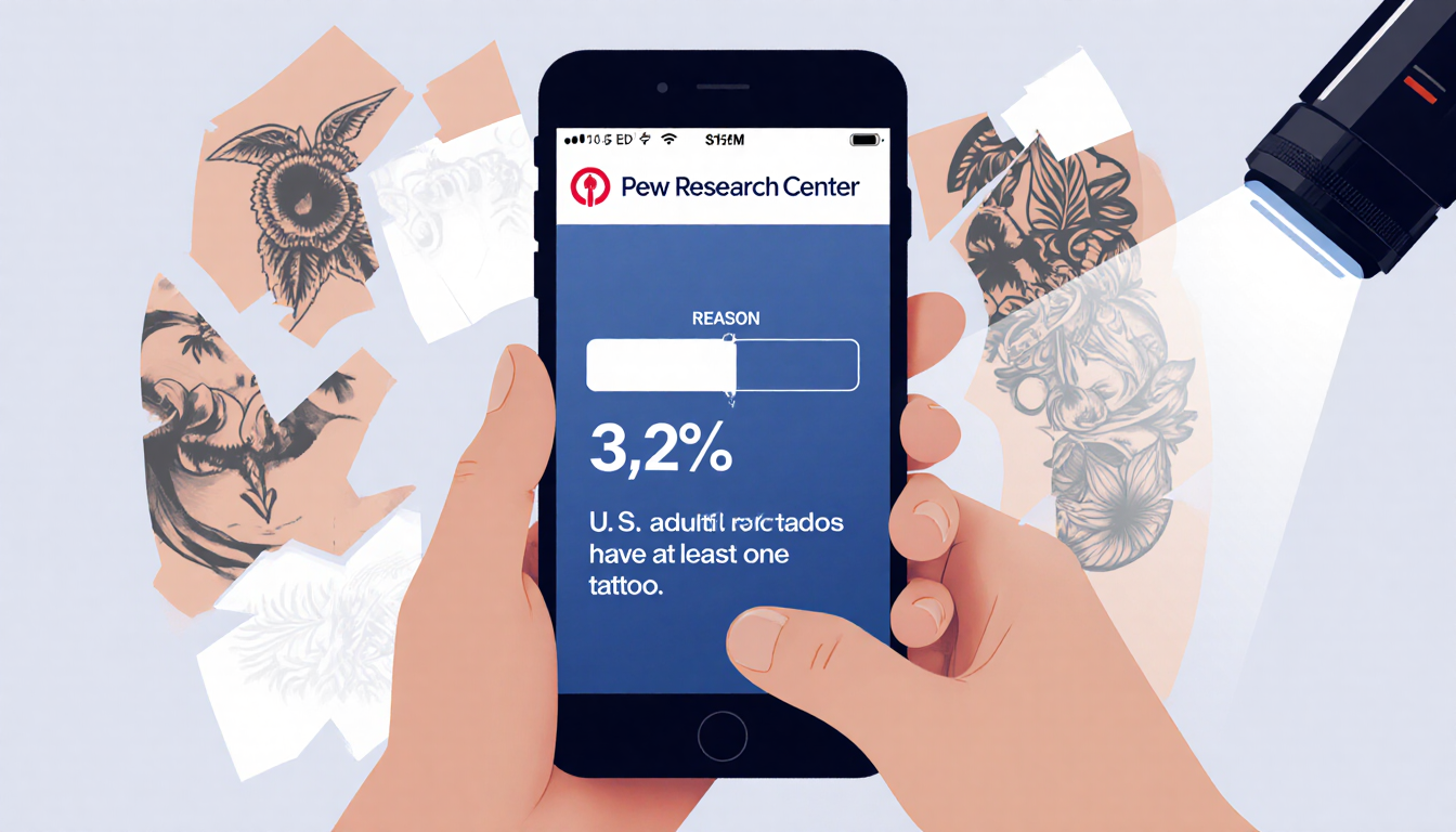 Person holding smartphone with 32% tattoo statistic on screen and fragmented tattoos and laser beam in muted background