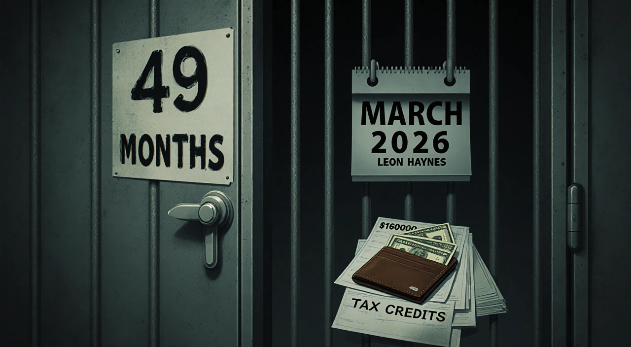 Locked prison cell door shows 49 months with a wallet with tax credits totaling $180,000 and a March 2026 sentencing calendar