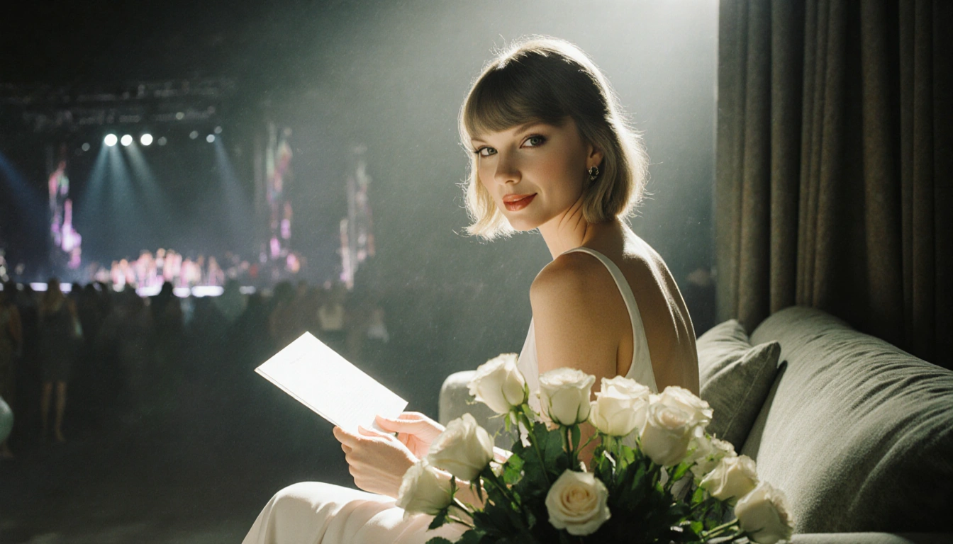 Taylor Swift reads a folded letter with a smile on a couch amid greenery and white roses and Eras Tour stage hints behind.