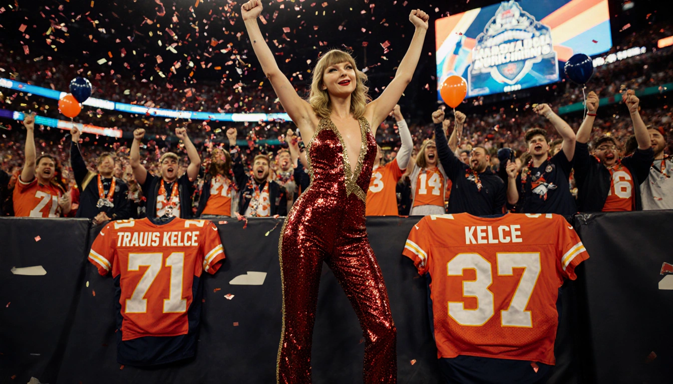 Taylor Swift raises arms with red and gold sequins and confetti swirling Chiefs fans cheering