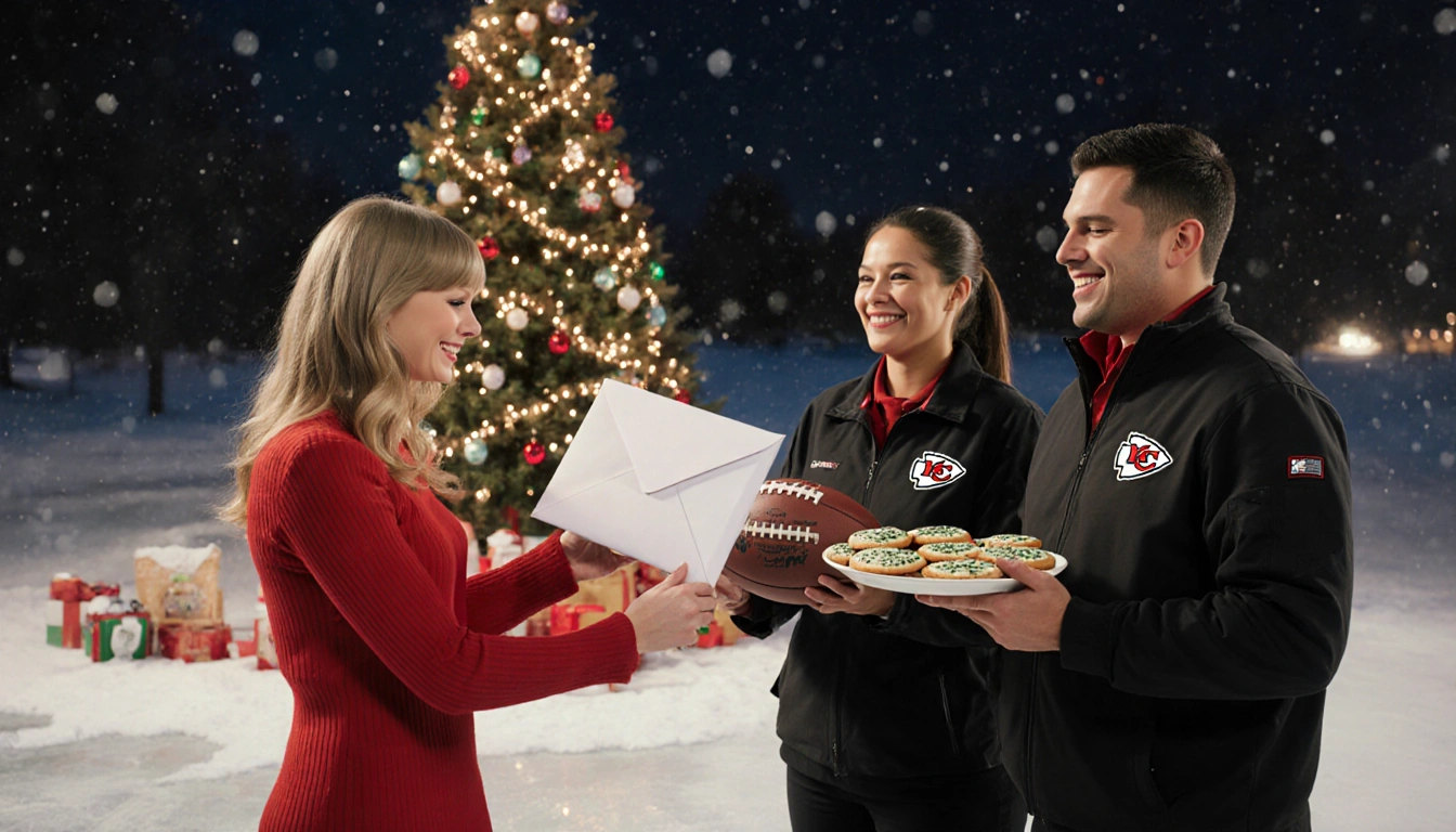 Taylor Swift handing envelope with $600 to Chiefs staff holding a football and cookies amid snow backdrop and Christmas tree