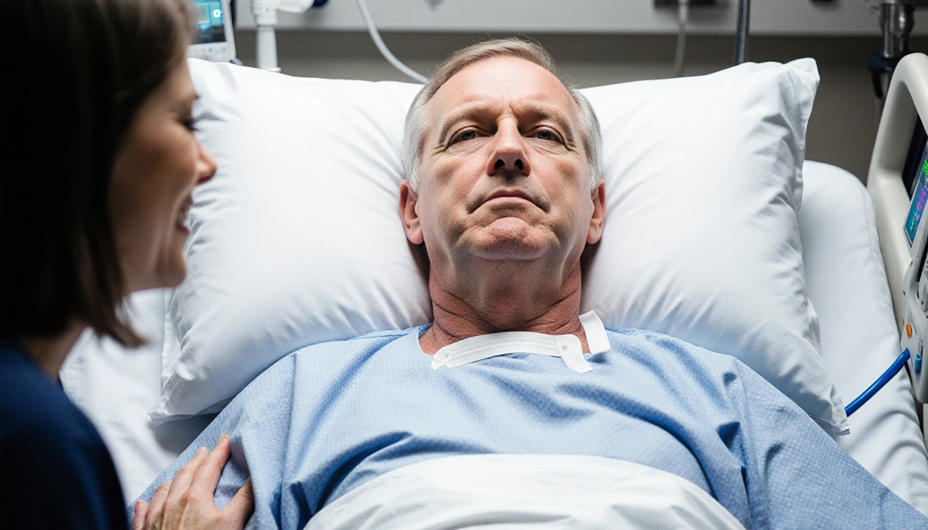 Scott Swift undergoing heart surgery with heart monitor and family member nearby showing hope.