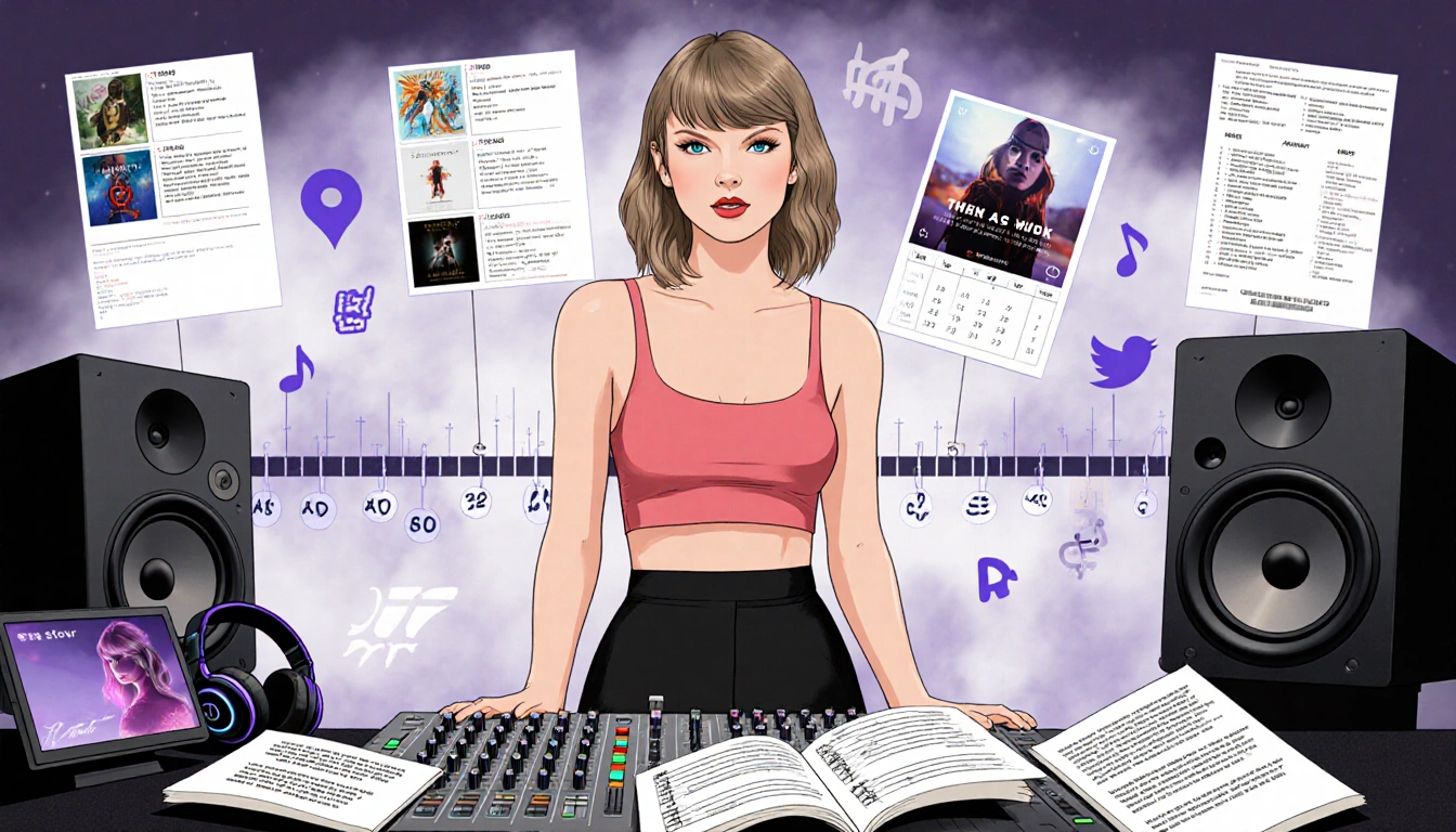 Taylor Swift standing in front of mixing console with music sheets and headphones confident expression hinting at new album