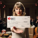 Taylor Swift holding a large check with the American Heart Association and Feeding America logos in a philanthropic room.