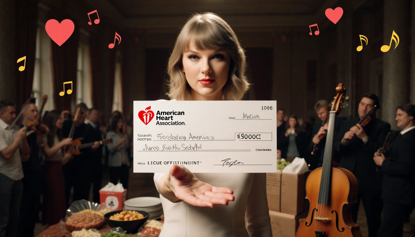 Taylor Swift holding a large check with the American Heart Association and Feeding America logos in a philanthropic room.