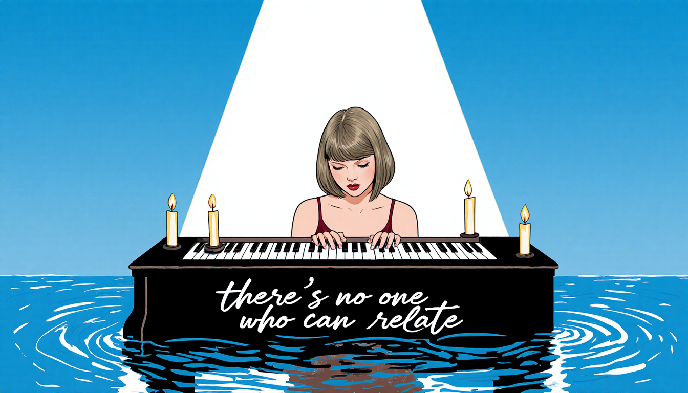 Taylor Swift sits at piano with candles and a single spotlight casting melancholy glow
