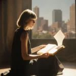 Taylor Swift sits on dim stage with open book and fluttering letter against soft spotlight and blurred Kansas City backdrop