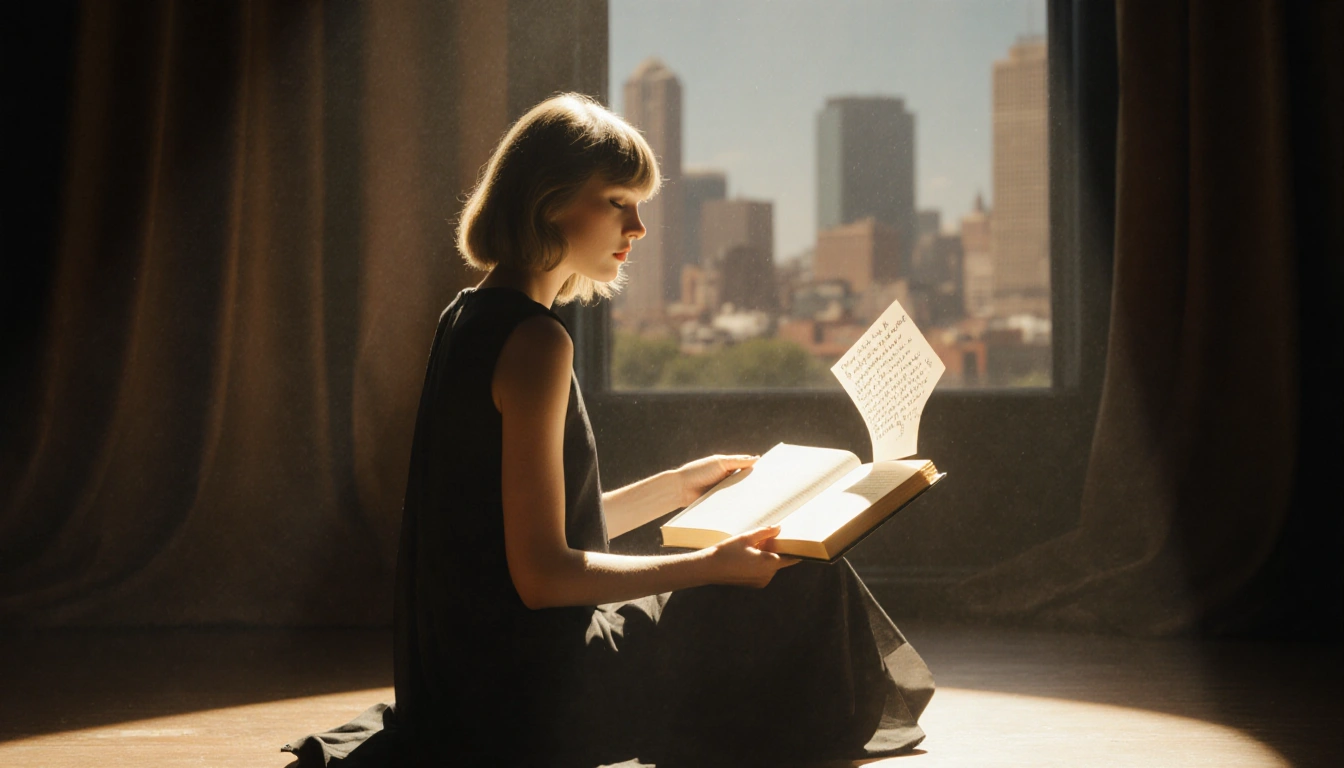 Taylor Swift sits on dim stage with open book and fluttering letter against soft spotlight and blurred Kansas City backdrop