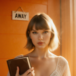 Taylor Swift standing before a bright sunset door holding a leather book with a confident gaze.
