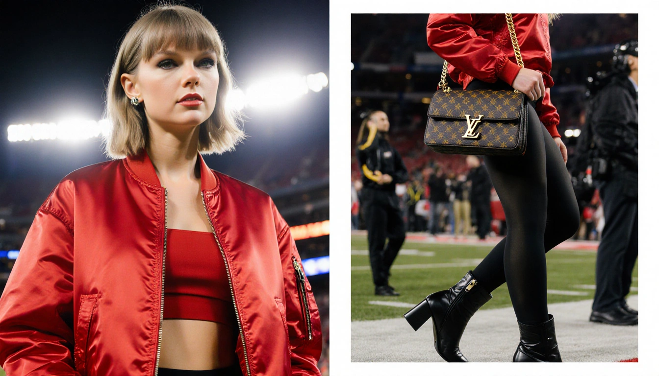 Taylor Swift poses in a red bomber jacket with a Louis Vuitton bag near stadium lights