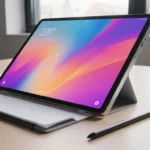 Tablet displays vibrant colors with natural light illuminating its sleek design and subtle AI features.