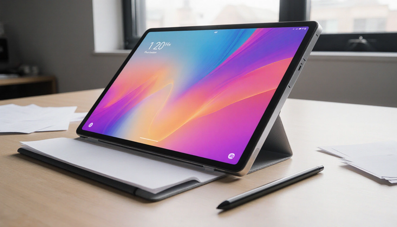 Tablet displays vibrant colors with natural light illuminating its sleek design and subtle AI features.