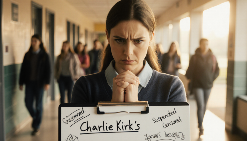 Teacher standing in hallway holding printout of Charlie Kirk name with scribbles of suspended and censored in golden light