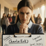 Teacher standing in hallway holding printout of Charlie Kirk name with scribbles of suspended and censored in golden light