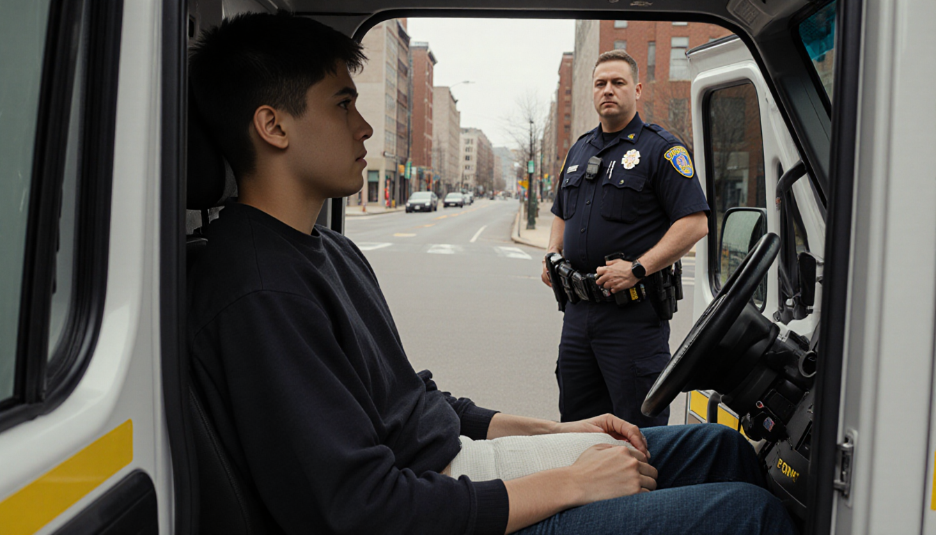 Teenager sitting in ambulance with stomach bandage and EMT in background near Temple University.