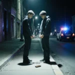 Teenagers in handcuffs stare down with a faint spotlight on a fallen wallet near a police cruiser in a city street