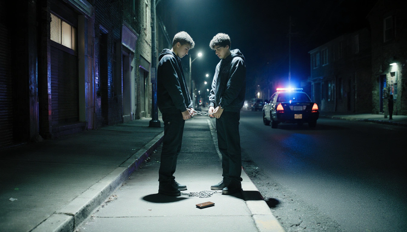 Teenagers in handcuffs stare down with a faint spotlight on a fallen wallet near a police cruiser in a city street