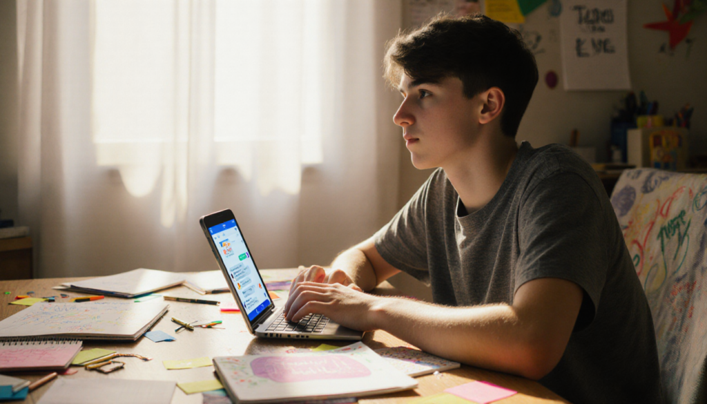 Teenager types on a smartphone with AI chatbot digital connection surrounded by colorful notes and doodles in natural light