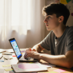 Teenager types on a smartphone with AI chatbot digital connection surrounded by colorful notes and doodles in natural light