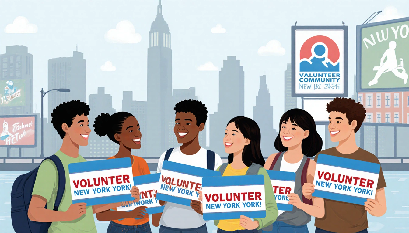 Teenagers standing together holding volunteer signs with smiles and backpacks against a blurred city skyline