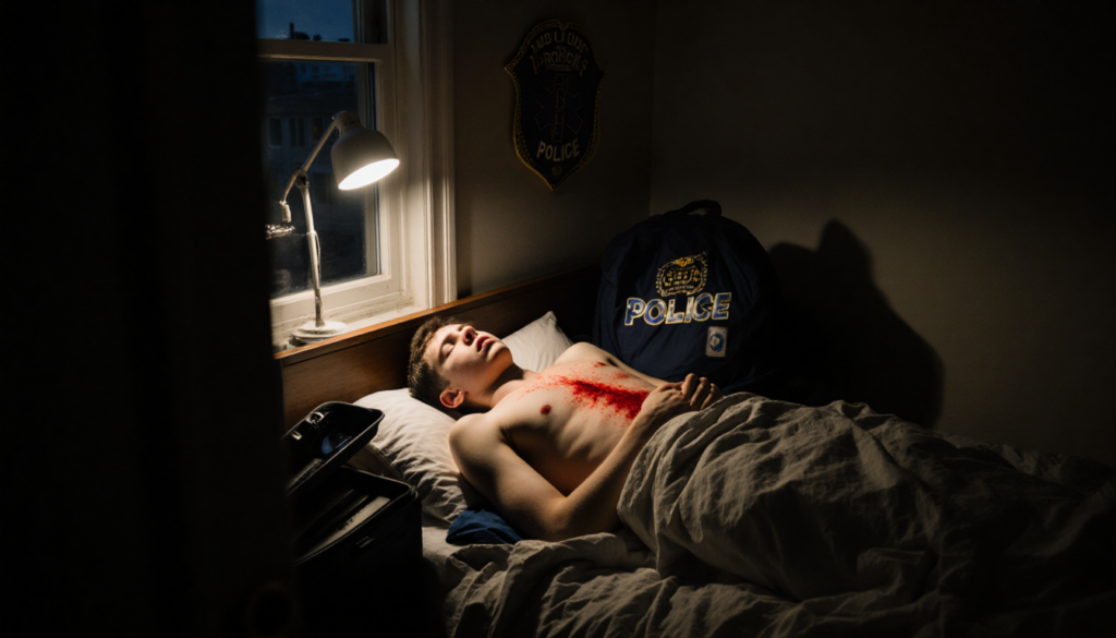 Teenage boy lying on bed with crimson stain and medical bag open beside him and police badge visible