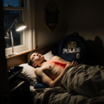 Teenage boy lying on bed with crimson stain and medical bag open beside him and police badge visible
