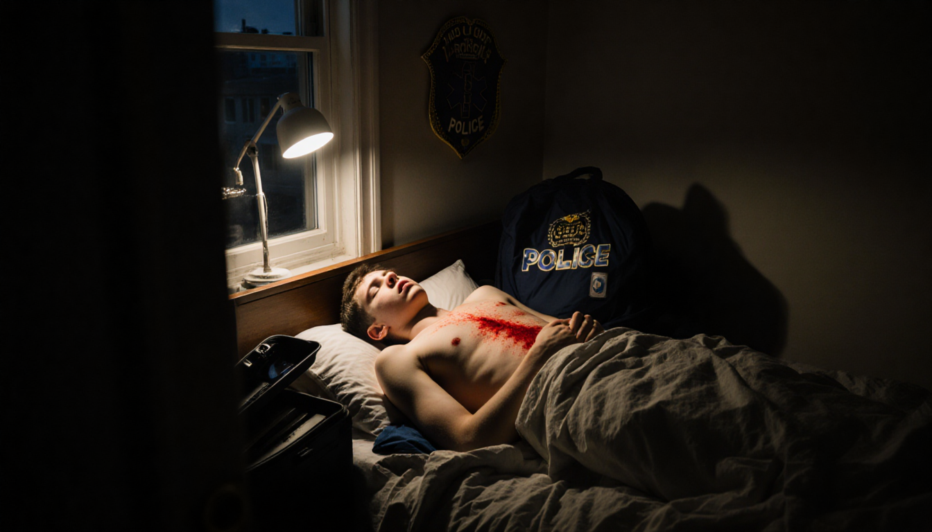 Teenage boy lying on bed with crimson stain and medical bag open beside him and police badge visible