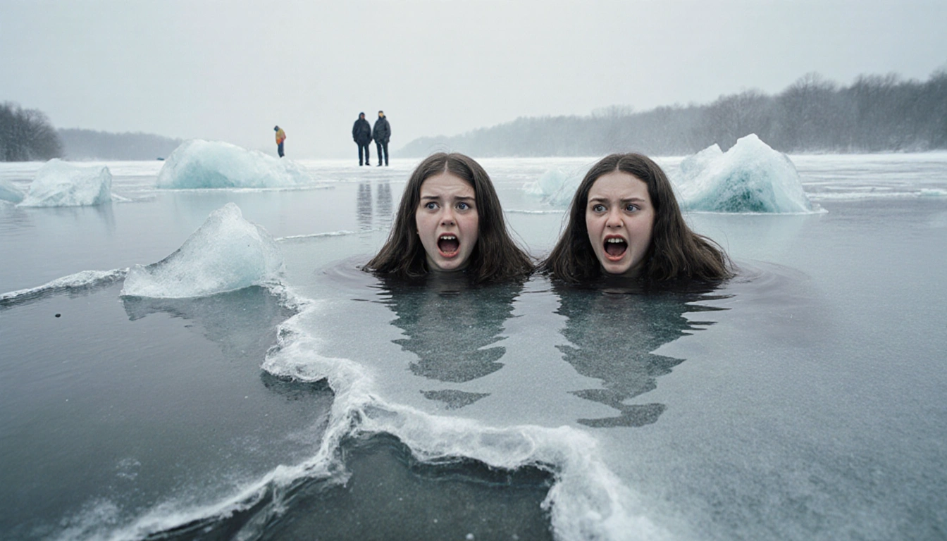 Two teenage girls struggling in icy lake with cracked ice and ripples and rescuers visible in distant background.