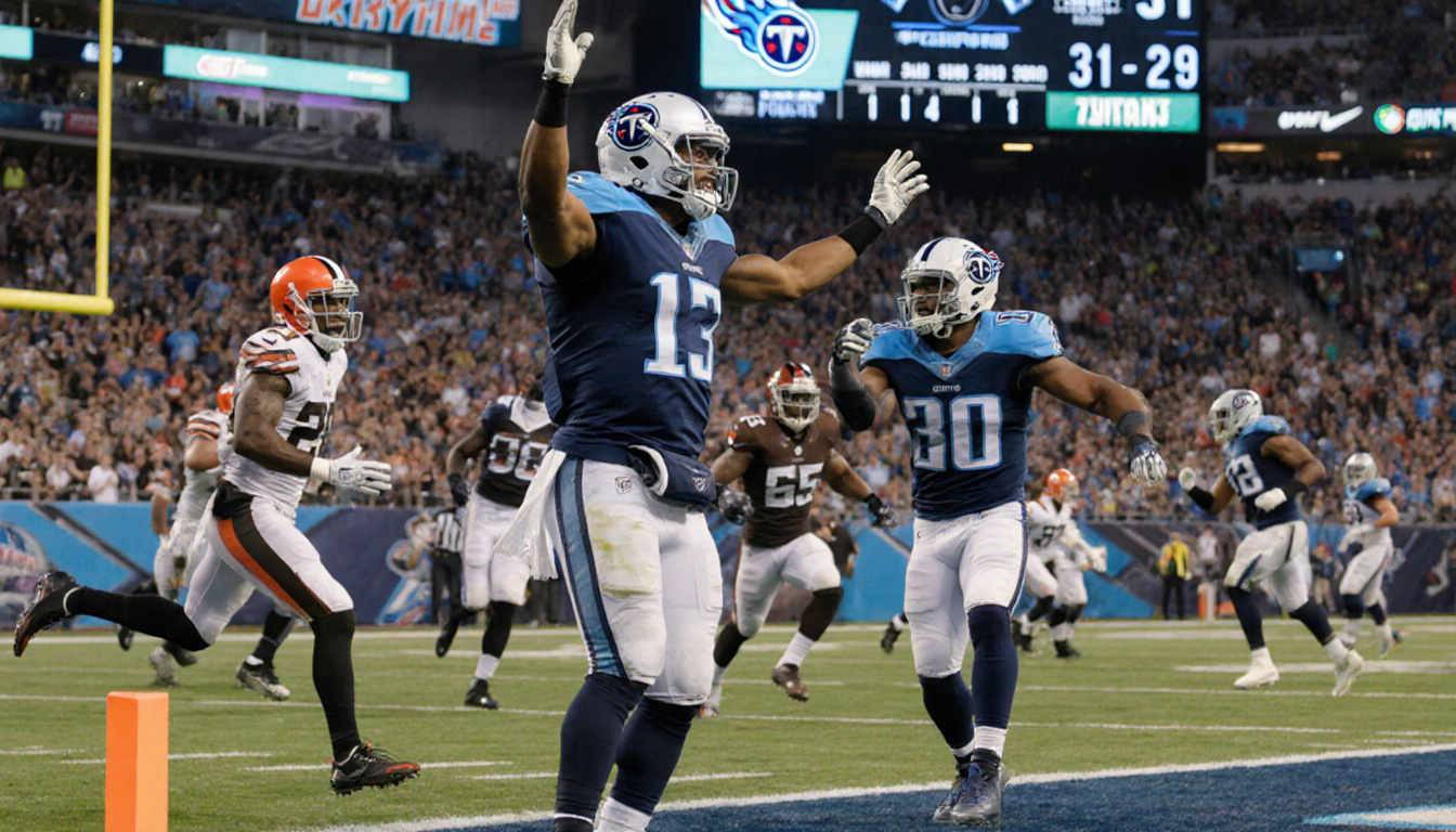 Titans' Cam Ward throws touchdown pass with arms raised while Tony Pollard rushes through Browns defenders score 31-29