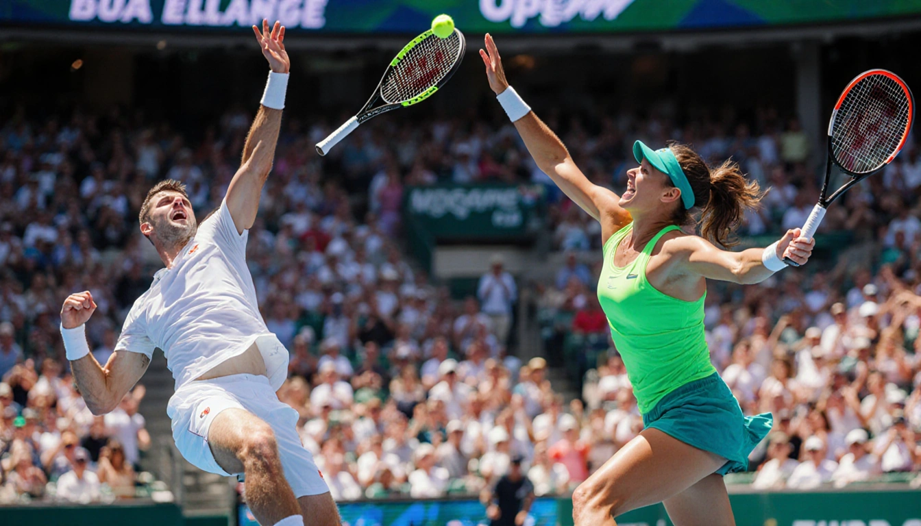 Nick Kyrgios serves underarm in tennis with Aryna Sabalenka leaping to return and sunlight bathing stadium and crowd.