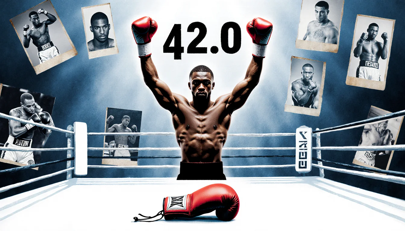 Terence Crawford boxing champion raising his arms in victory with blue and white backdrop and fight photos and boxing glove