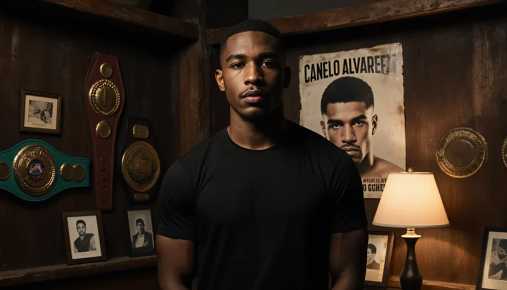 Terence Crawford standing in front of a worn wooden boxing corner with warm lamp glow and championship belts hanging.