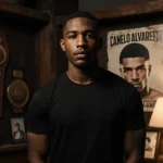 Terence Crawford standing in front of a worn wooden boxing corner with warm lamp glow and championship belts hanging.