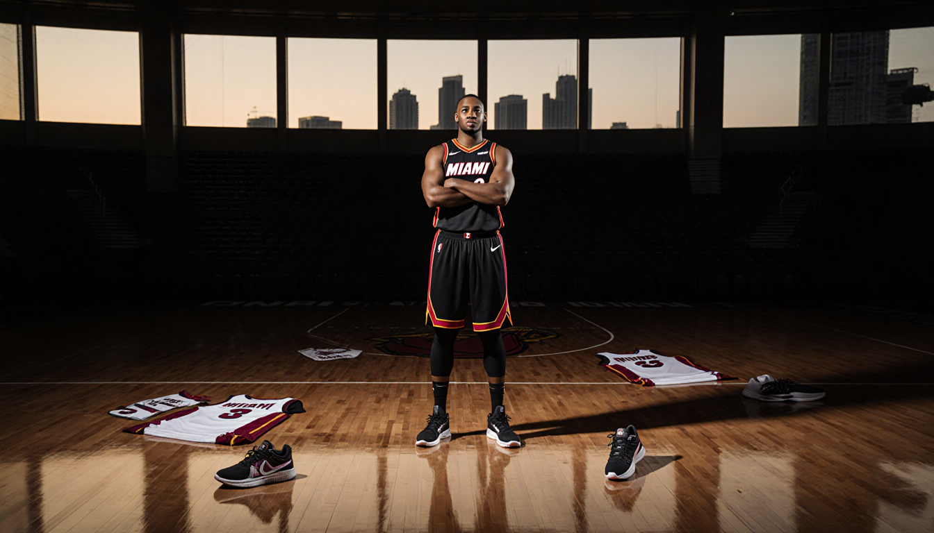 Terry Rozier standing on a basketball court at dusk with Miami Heat jerseys and sneakers on floor