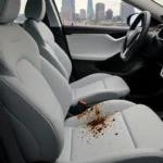Tesla Robotaxi interior shows splattered biowaste stain on passenger seat with soft lighting and blurred Austin cityscape