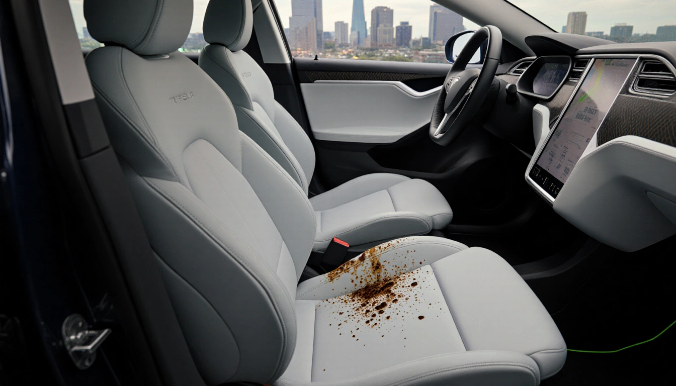 Tesla Robotaxi interior shows splattered biowaste stain on passenger seat with soft lighting and blurred Austin cityscape