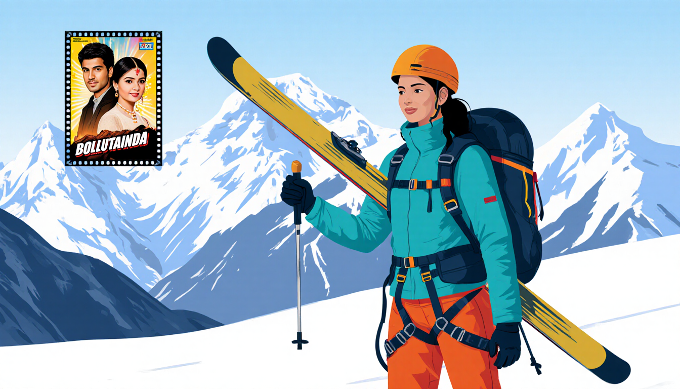 Thekkada stands before Himalayan peaks holding skis with a mountaineering harness and a Bollywood poster in the background