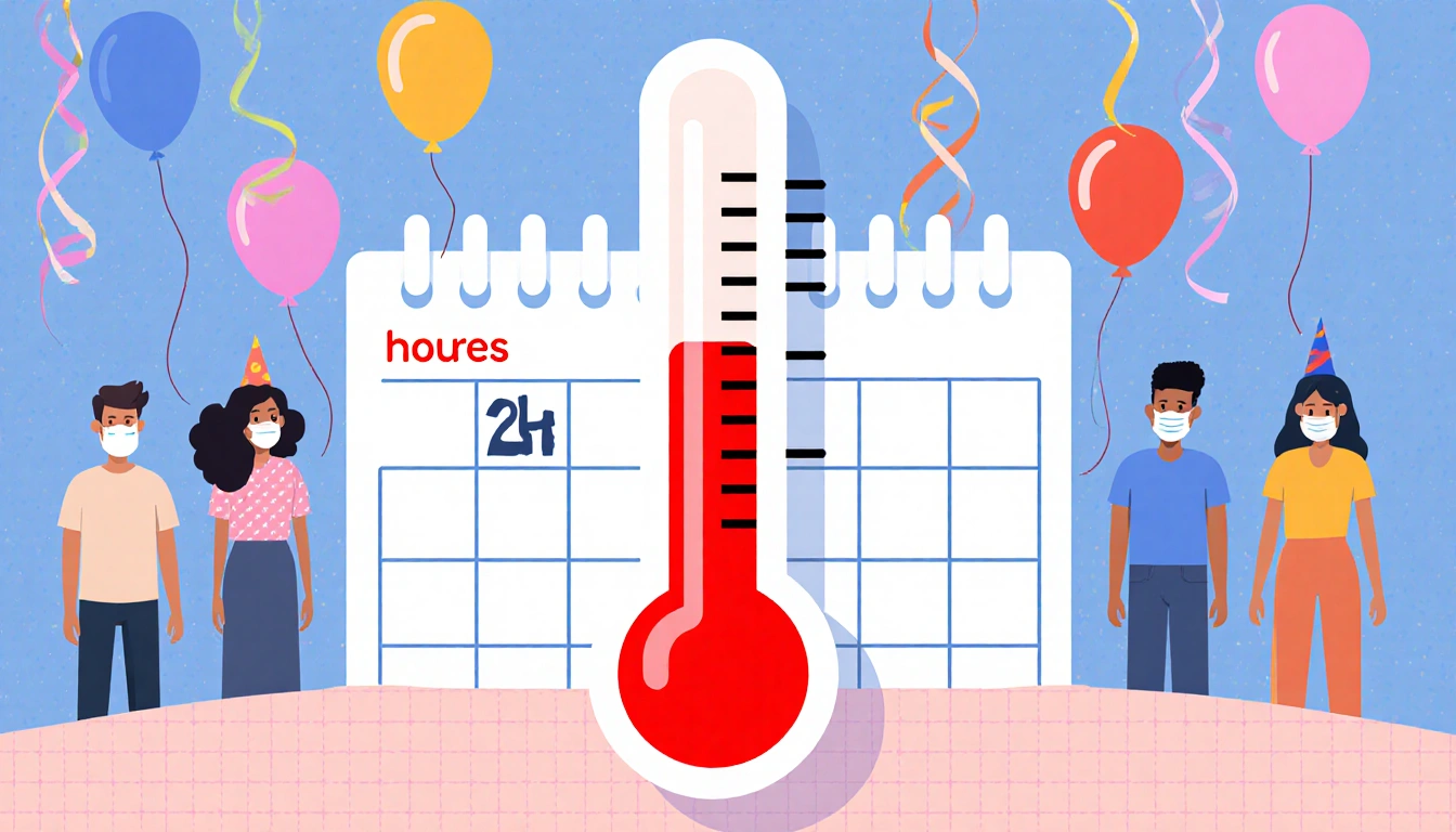 Thermometer indicating fever with red tip and calendar marking 24 hours while masked guests sit amid a subtle party backdrop