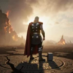 Thor stands with shattered hammer at his feet and war-torn landscape behind him with Asgard embers flickering.