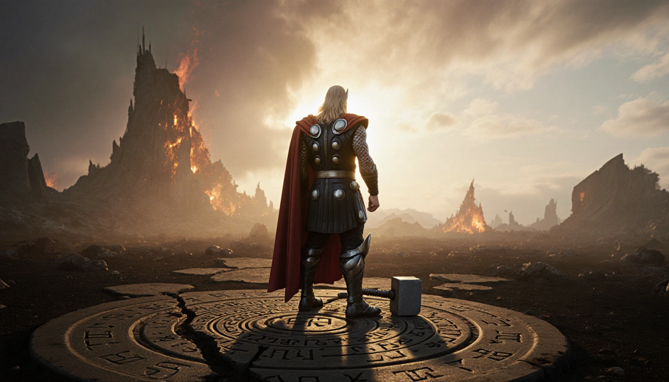 Thor stands with shattered hammer at his feet and war-torn landscape behind him with Asgard embers flickering.
