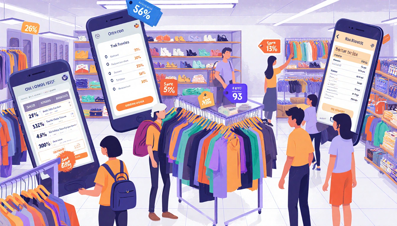 Shoppers browsing thrift store racks with discount tags and smartphones showing price apps.