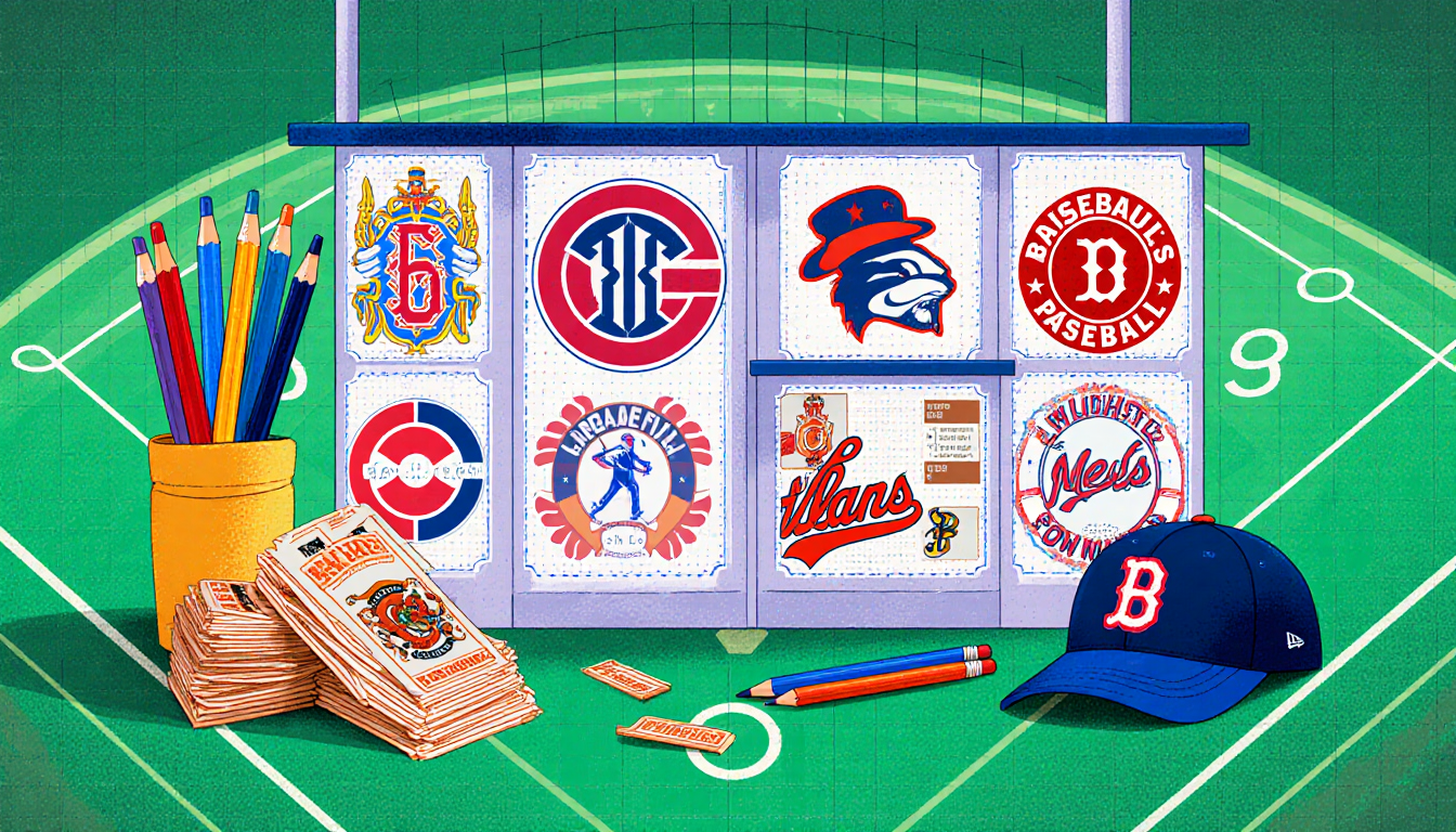 Ticket booth showing team logos on stubs with colorful pens and pencils scattered and team hats nearby.