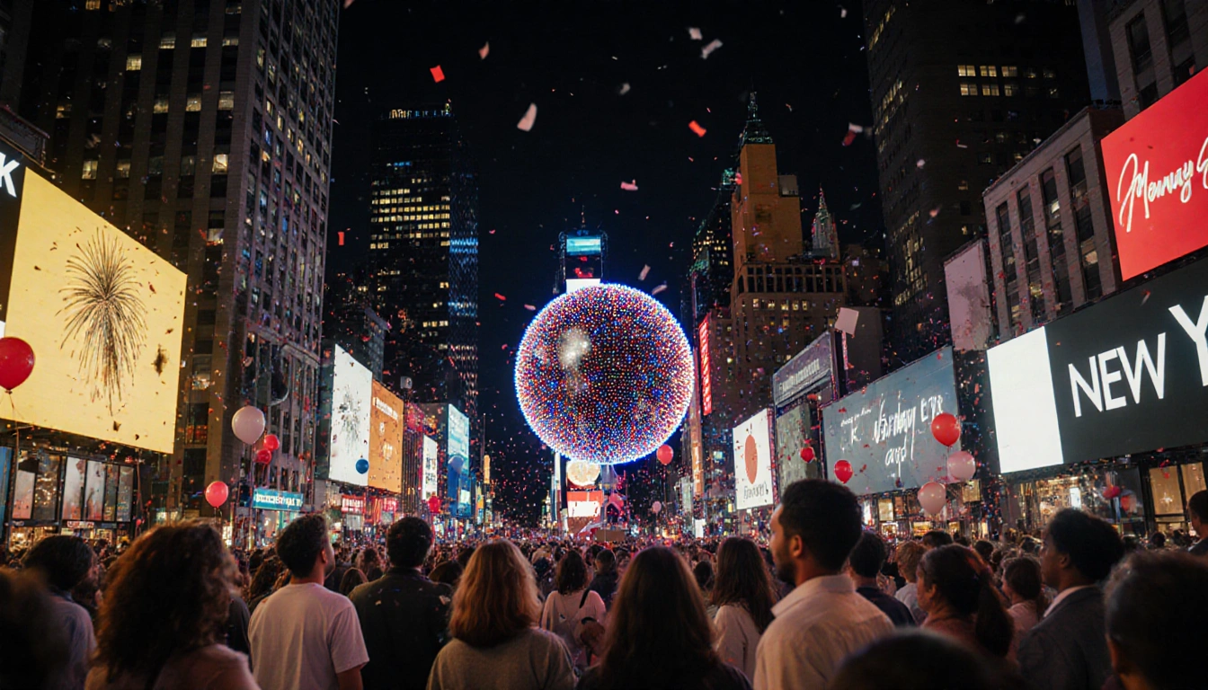 People gather around the ball in Times Square New Year