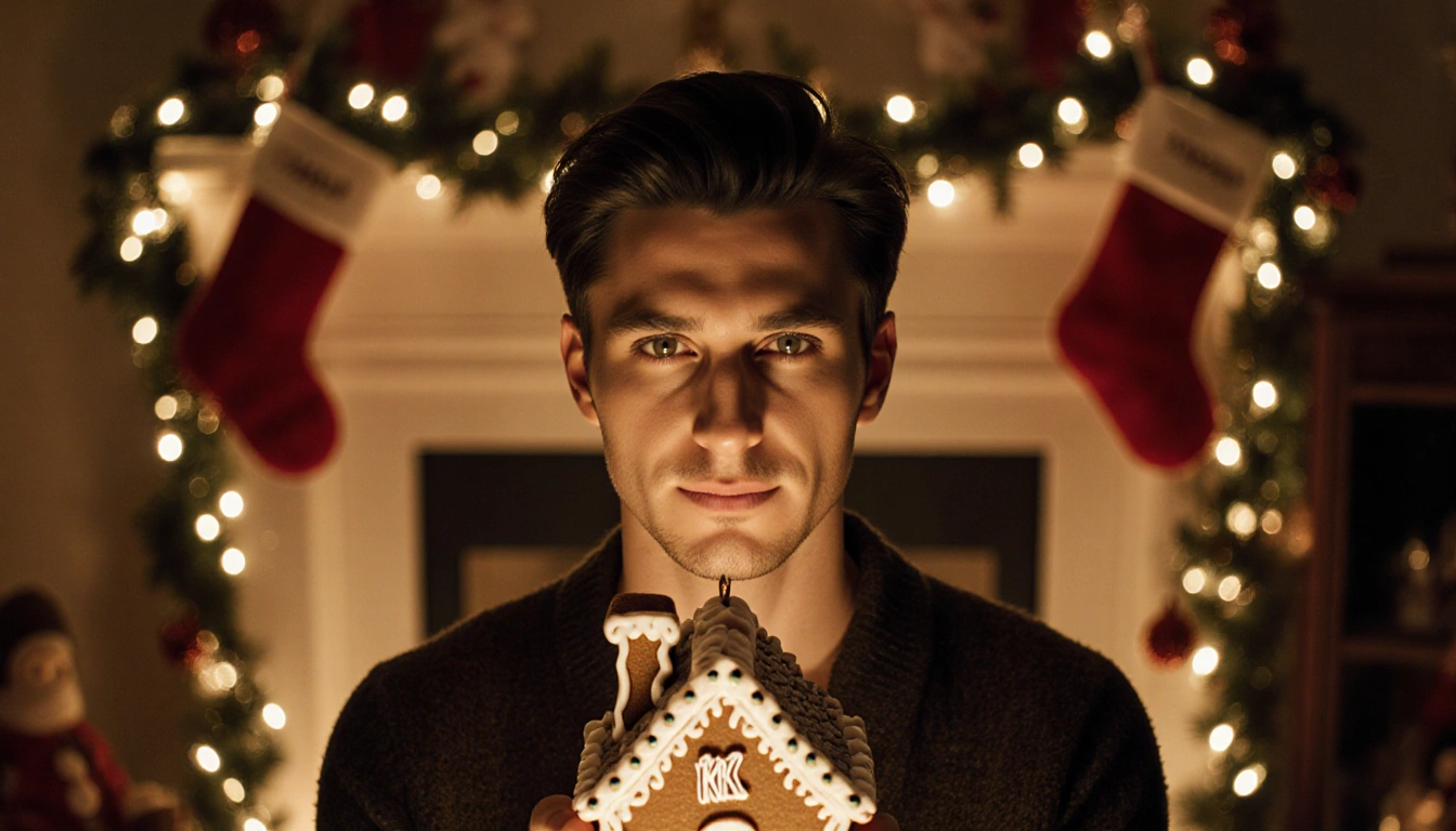 Timothée Chalamet holding a gingerbread house ornament with Kardashian‑Jenner logo with warm glow and garlands background