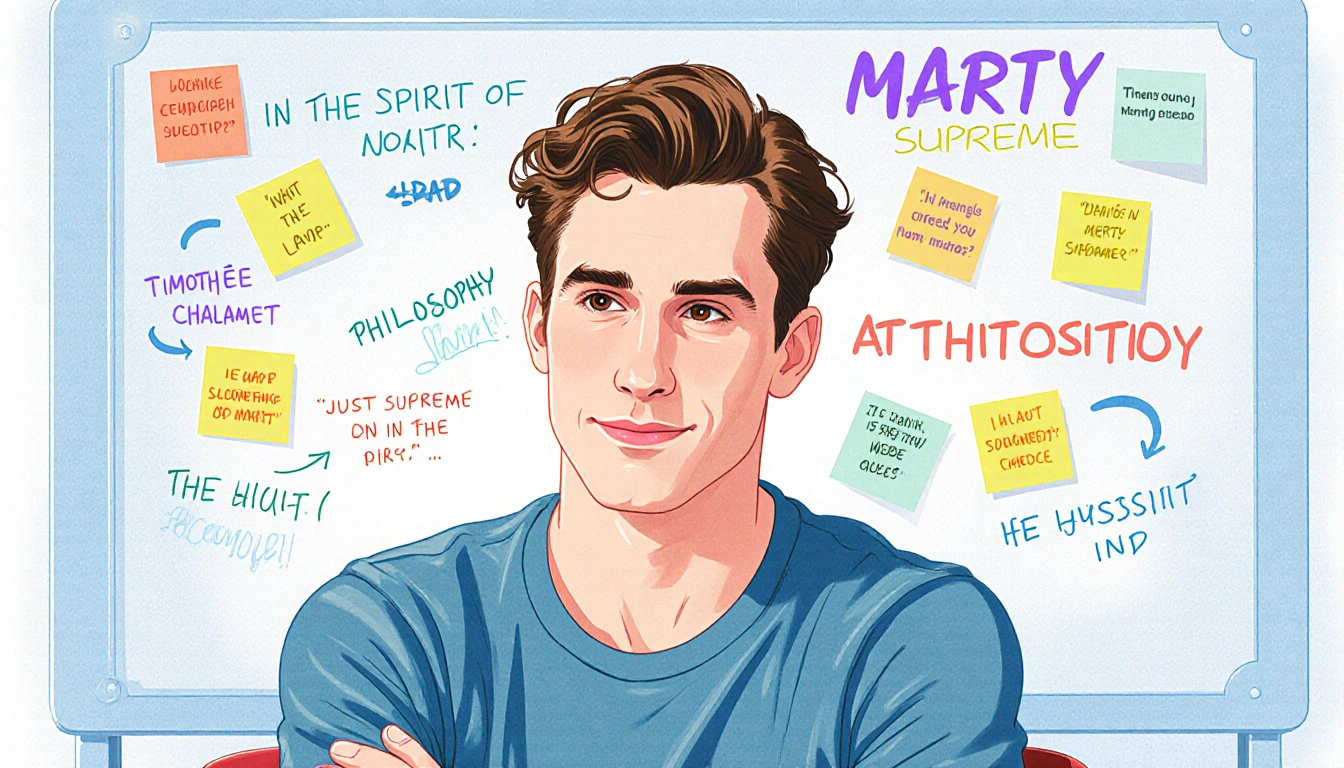 Timothée Chalamet sits cross-armed before a whiteboard with sticky notes and Marty Supreme quotes and a soft blue gradient.