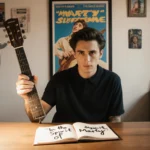 Timothée Chalamet holding a guitar with a warm spotlight and a Marty Supreme poster behind him