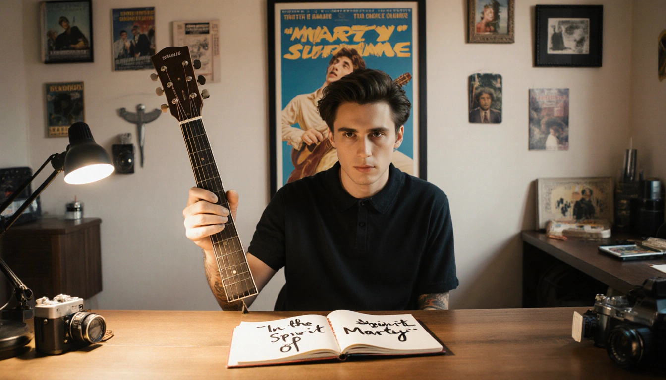 Timothée Chalamet holding a guitar with a warm spotlight and a Marty Supreme poster behind him